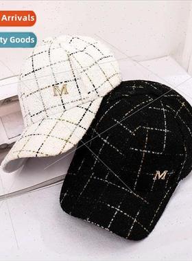 New gingham plaid cotton yarn baseball cap fur ball M letter