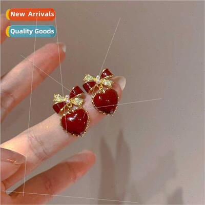 925 silver pin zirconia pearl bow heart earrings niche ins e