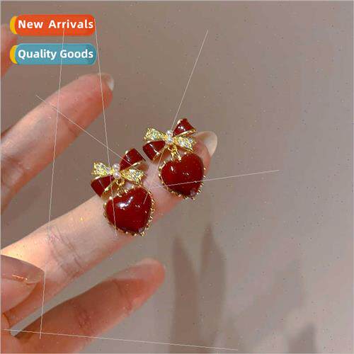 925 silver pin zirconia pearl bow heart earrings niche ins e