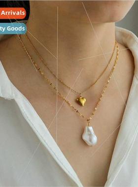 Ins Europe tanium steel real gold love necklace baroque shap