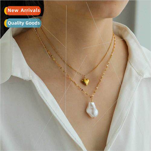 Ins Europe tanium steel real gold love necklace baroque shap