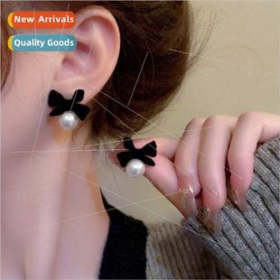 new pearl earrings winter tid bow 2023 flocking Autumn black