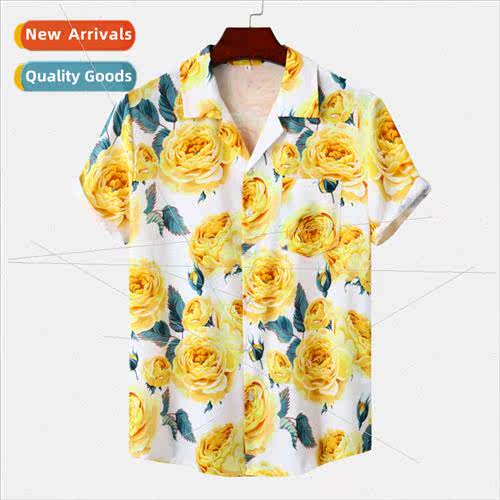 Hawaiian beach Cuban collar ice silk drape digal printing yo