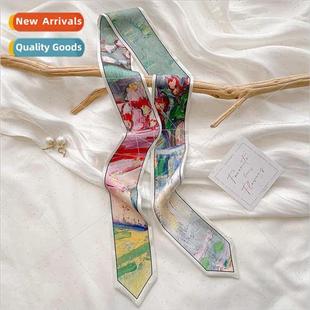 2023 new women vintage oil painting silk scarf fluttering ri