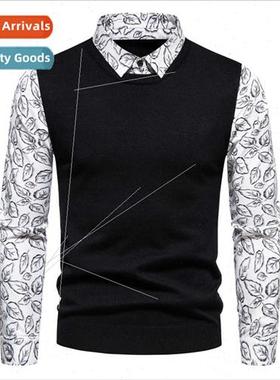 2023 Fall New Printed Sleeve Shirt Collar Fake Twopcs Slim K