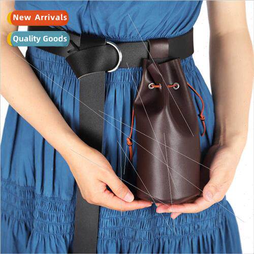 Medieval Cowhide Drawstring Fanny Pack Leather Drawstring Po
