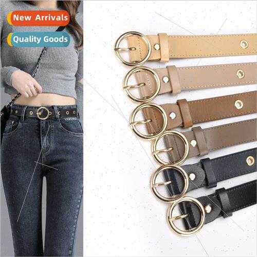 Belt women round buckle air eye belt leather Korean fashion