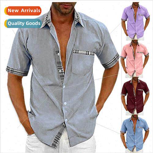 2023 Men Summer Solid Color Short Sleeve Shirt Leader Mouth