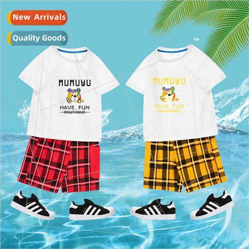 Summer new children cartoon short-sleeved plaid shorts su me