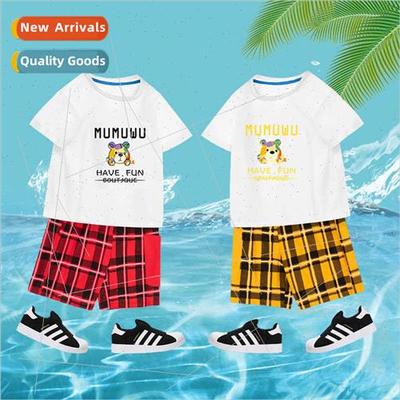 Summer new children cartoon short-sleeved plaid shorts su me