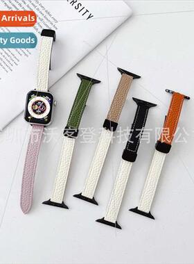 适用apple slim lychee grain color blocking leather strap app