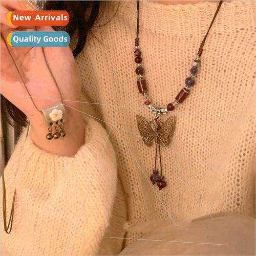 Retro ethnic ceramic butterfly bell pendant necklace female