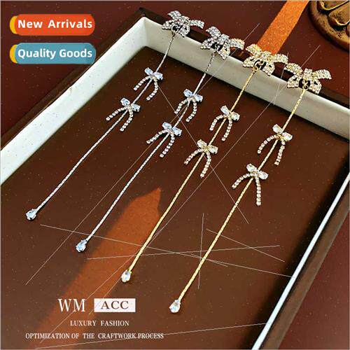 lver pin zirconia bow chain tassel earrings niche earrings f