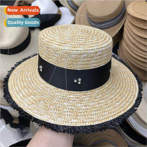 French flat-top straw hat rhinestone hat sun hat sun hat wh