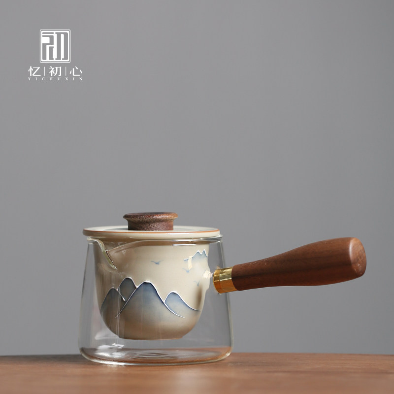 手绘山水茶壶功夫茶具草木灰陶瓷泡茶壶单壶玻璃侧把壶家用泡茶器