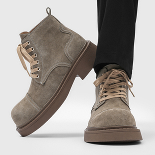 英伦风反绒皮马丁靴男款2025新款厚底工装靴大头短靴系带休闲靴子