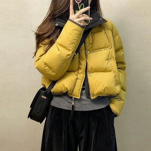 韩系黄色短款棉服女装2025年冬季新款百搭撞色立领面包服保暖外套
