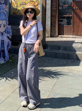 PERRY自制小个子休闲灰色拖地松紧工装裤小码150xxs