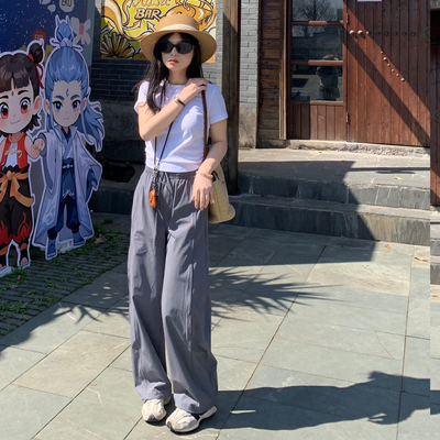 PERRY自制小个子休闲灰色拖地松紧工装裤小码150xxs