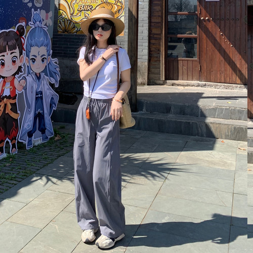 PERRY自制小个子休闲灰色拖地松紧工装裤小码150xxs