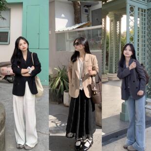 PERRY自制小个子春新品双排扣西装外套女简约宽松通勤150xxs