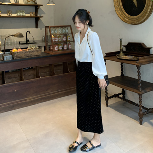 PERRY自制小个子秋季高腰显瘦丝绒半身裙波点中长款裙子150xxs