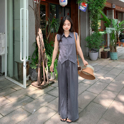 PERRY自制小个气质阔腿裤女夏季宽松休闲长裤套装小码150xxs