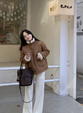 PERRY自制复古羊羔毛短款外套女小个子保暖厚外套夹克150xxs