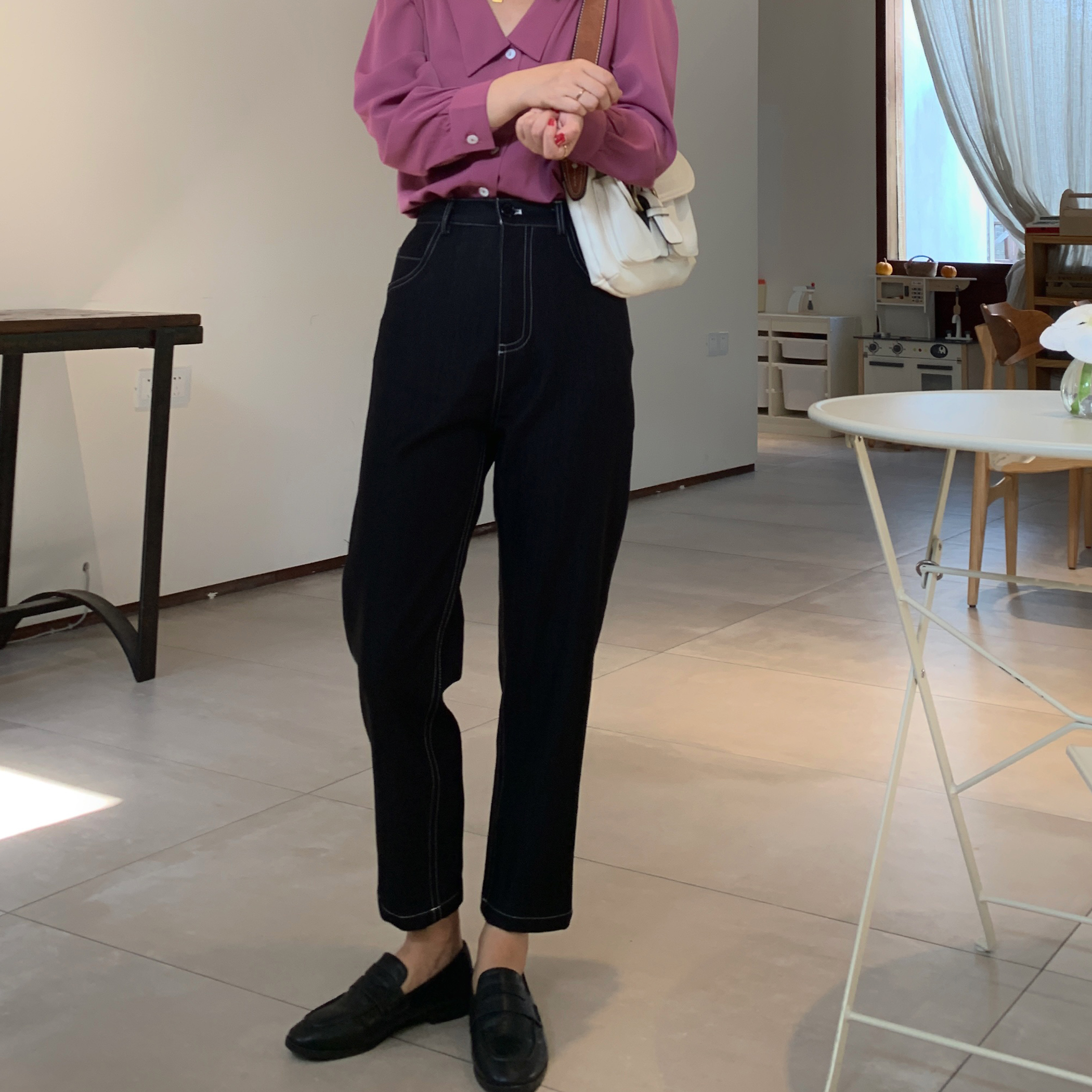 perry自制宽松九分小脚口仿牛仔