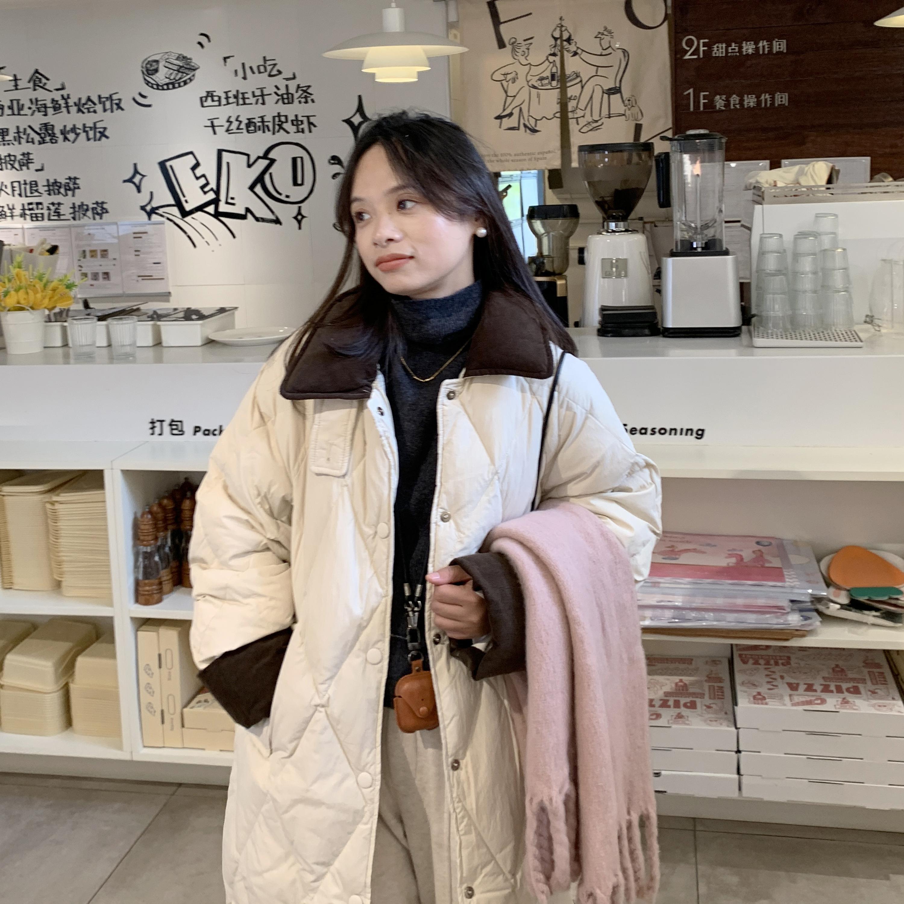 拼接长款加厚过膝白鸭绒外套韩版