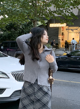 PERRY自制小个子灰色立领针织开衫女宽松显瘦百搭上衣150xxs