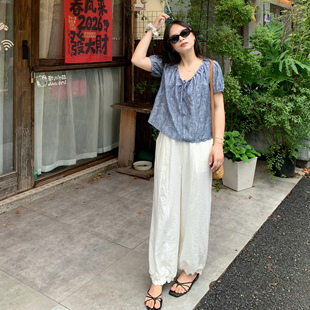 PERRY自制小个子亚麻白色阔腿裤女夏季松弛感休闲裤宽松显瘦长裤