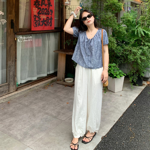 PERRY自制小个子亚麻白色阔腿裤女夏季松弛感休闲裤宽松显瘦长裤