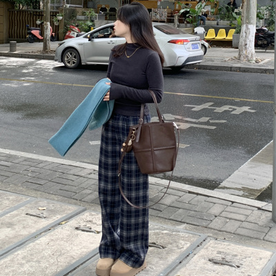 PERRY自制小个子加绒窄版格子小码宽松松紧拖地裤小码150xxs