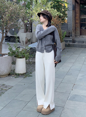 PERRY自制小个子羊毛开叉休闲裤女宽松显瘦直筒阔腿裤150xxs