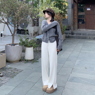 PERRY自制小个子羊毛开叉休闲裤 150xxs 女宽松显瘦直筒阔腿裤