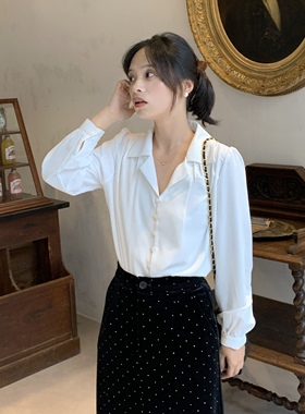 PERRY自制小个子法式小翻领白色衬衫慵懒休闲V领气质长袖xxs159