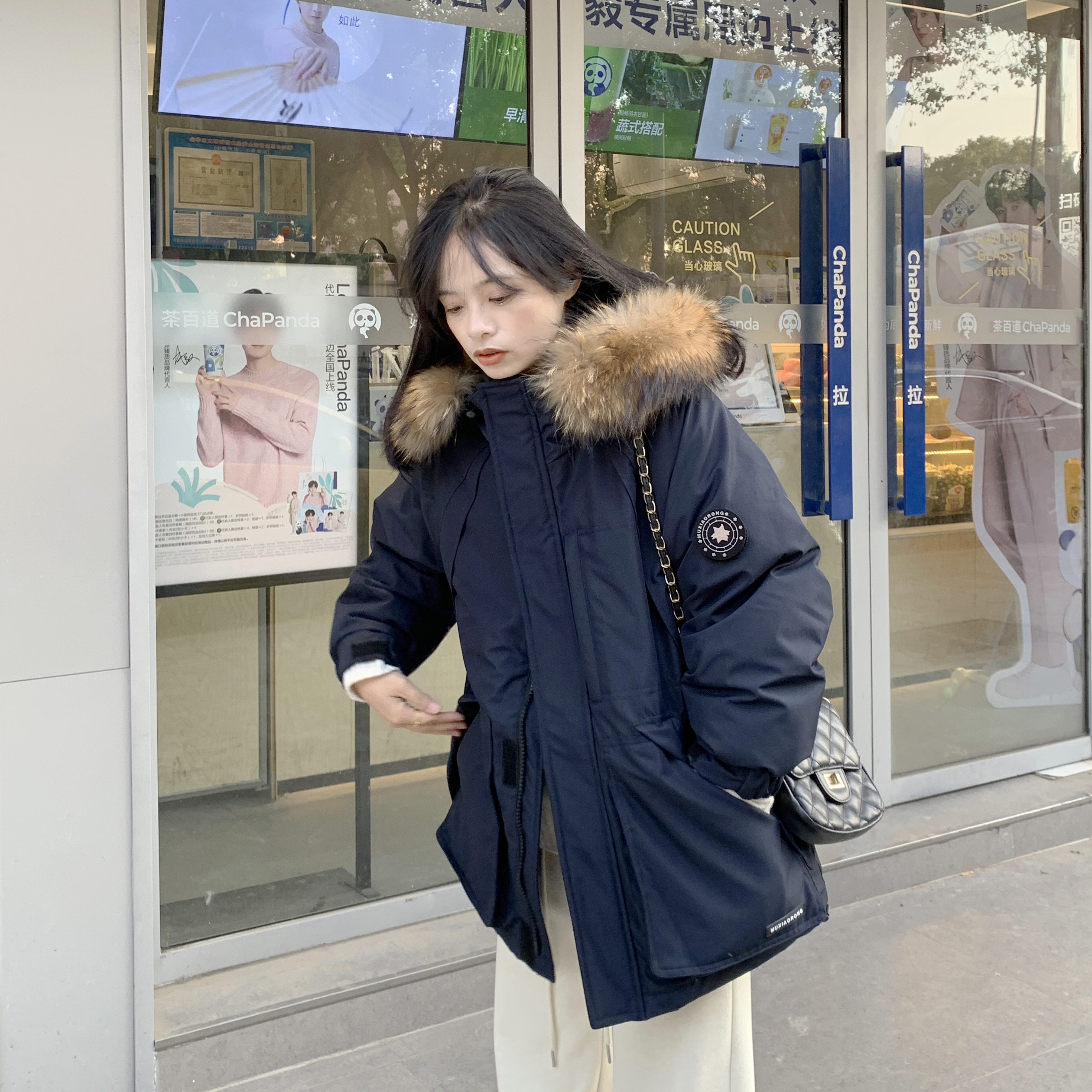 PERRY小个子毛领派克羽绒服宽松工装短款加厚小码150xxs