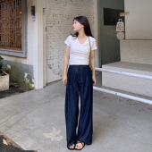 女高腰阔腿裤 深蓝色龄水洗牛仔裤 韩版 PERRY自制小个子天丝夏季