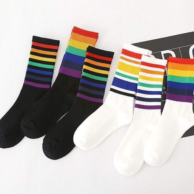 袜子女中筒彩虹秋冬纯棉ins网红韩版黑白色潮堆堆长袜春夏季条纹