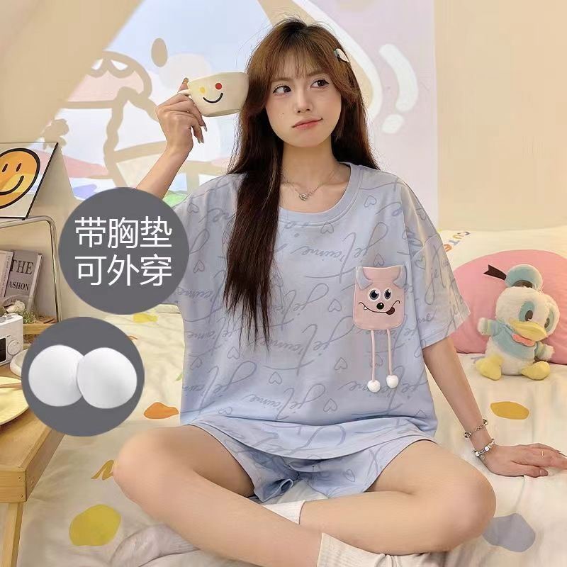 睡衣女夏季新款短袖带胸垫休闲可外穿学生大码薄款卡通家居服套装