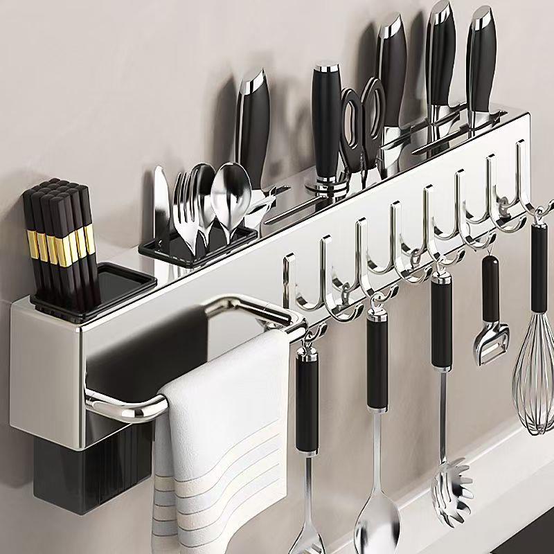不锈钢厨房刀架置物架家用壁挂免打孔多功能筷子筒刀具一体收纳架