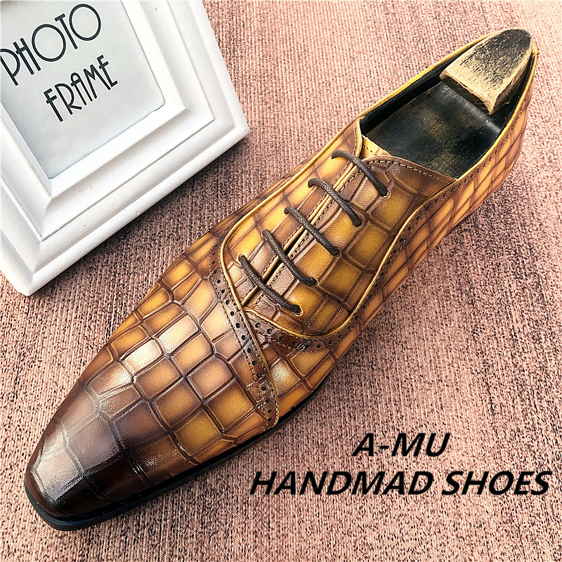 新款手工真皮鳄鱼纹压花商务皮鞋男英伦风尖头系带牛津鞋发型师鞋,流行男鞋,正装皮鞋,淘宝优惠券,粉丝福利购,淘宝优惠卷