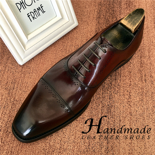 三接头系带手工皮鞋男真皮进口牛皮英伦正装德比鞋新郎结婚西装鞋