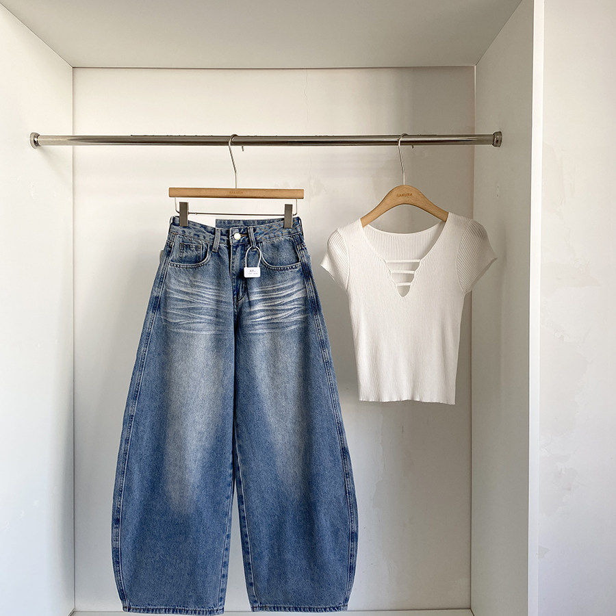 复古高腰水洗蓝牛仔阔腿裤女春季2026新款美式宽松垂坠感弯刀长裤