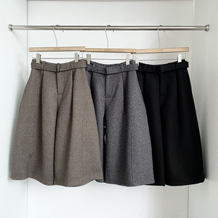 冬季新款韩版简约通勤毛呢中长款休闲裤女高腰显瘦宽松七分阔腿裤