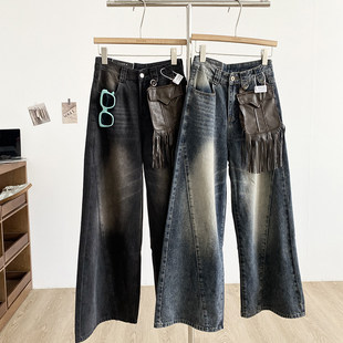 做旧配腰包高腰阔腿长裤 美式 2026年新款 女春季 复古高腰弯刀牛仔裤