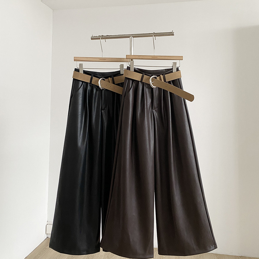 高腰加绒加厚PU皮阔腿拖地裤