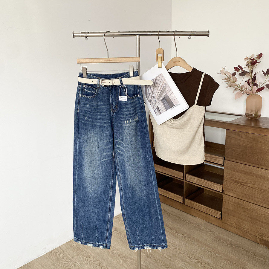 美式复古风时尚高腰直筒牛仔裤女2026春季新款水洗显瘦百搭阔腿裤