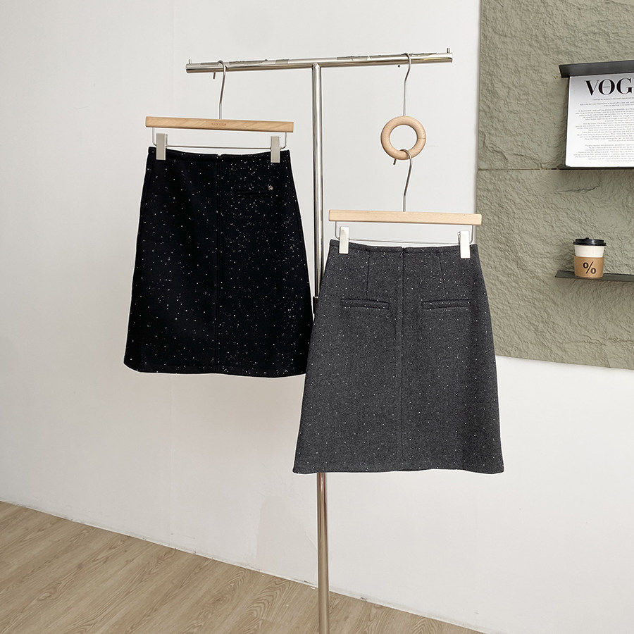 复古是通勤高腰A字半身裙女秋冬新款ins灰色亮片气质显瘦百搭中裙